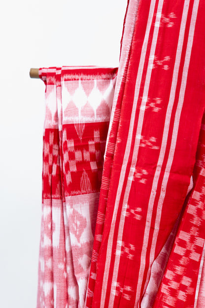 Crimson & Cream Sambalpuri Cotton Saree with Diamond Chevron Ikat
