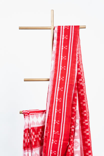 Crimson & Cream Sambalpuri Cotton Saree with Diamond Chevron Ikat