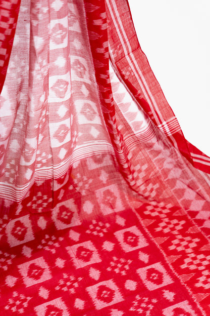 Crimson & Cream Sambalpuri Cotton Saree with Diamond Chevron Ikat