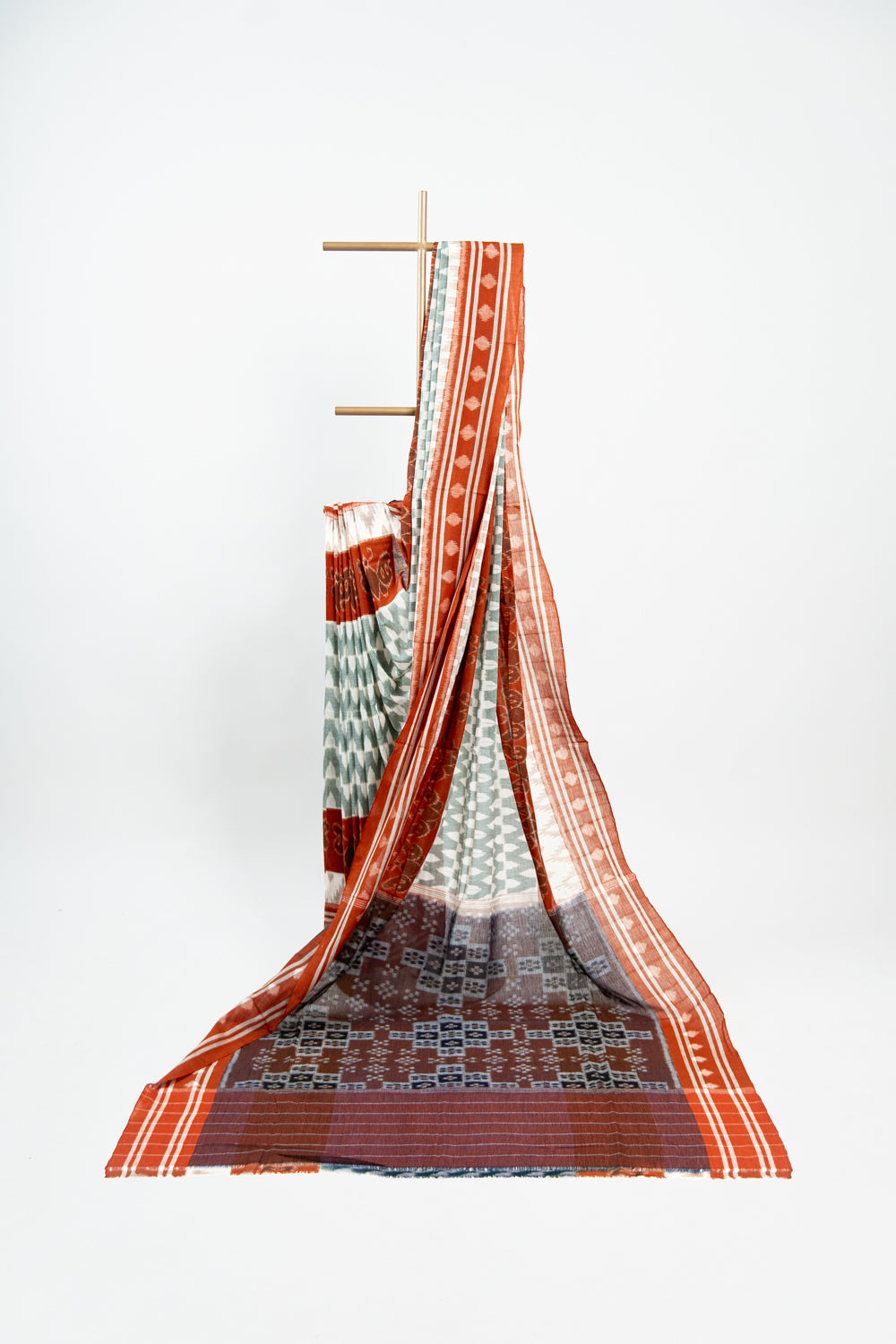 Grey Sambalpuri Cotton Saree with Rust Red Border | Atulya Karigari