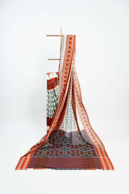 Grey Sambalpuri Cotton Saree with Rust Red Border | Atulya Karigari