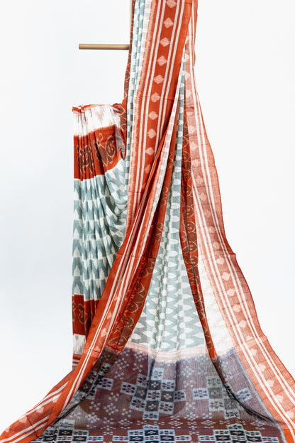 Grey Sambalpuri Cotton Saree with Rust Red Border | Atulya Karigari