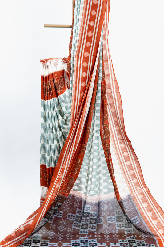 Grey Sambalpuri Cotton Saree with Rust Red Border | Atulya Karigari