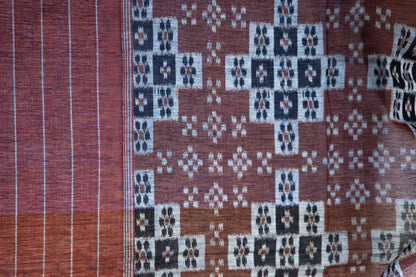 Grey Sambalpuri Cotton Saree with Rust Red Border | Atulya Karigari