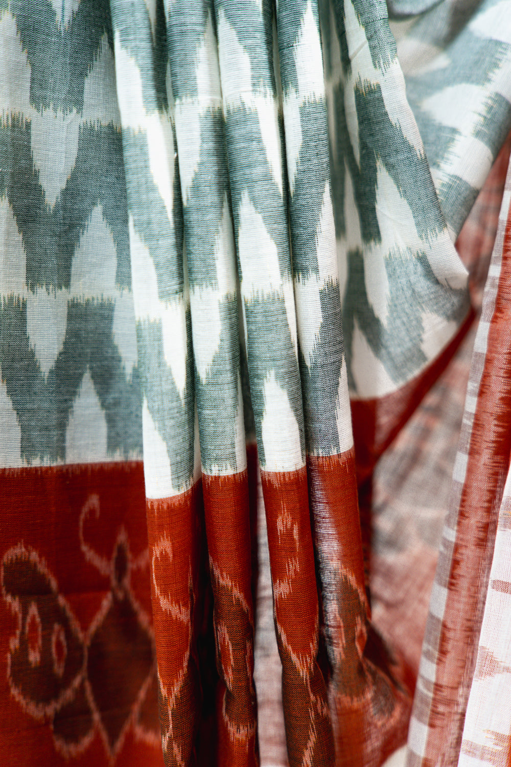 Grey Sambalpuri Cotton Saree with Rust Red Border | Atulya Karigari