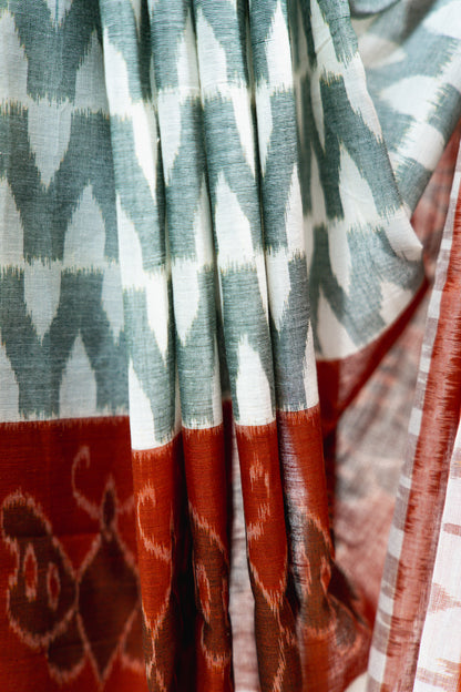 Grey Sambalpuri Cotton Saree with Rust Red Border | Atulya Karigari