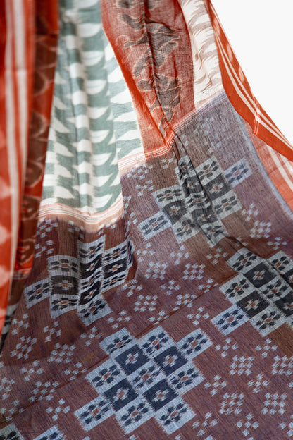 Grey Sambalpuri Cotton Saree with Rust Red Border | Atulya Karigari