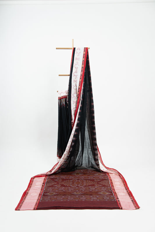 Black & Off-White Sambalpuri Cotton Saree with Kumbha Motifs