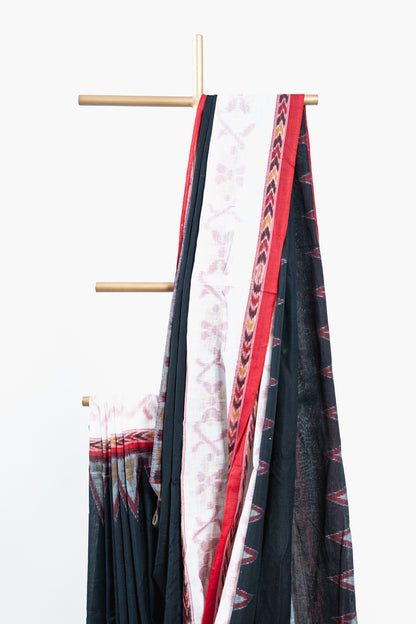Black & Off-White Sambalpuri Cotton Saree with Kumbha Motifs