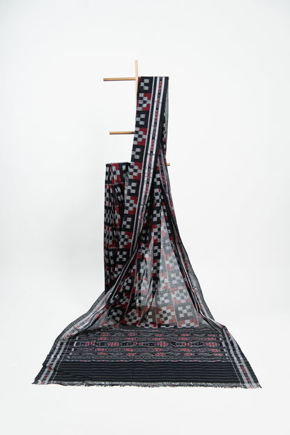 Charcoal Black Sambalpuri Cotton Saree with Fish Ikat Border