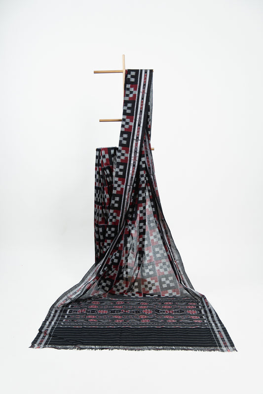 Charcoal Black Sambalpuri Cotton Saree with Fish Ikat Border