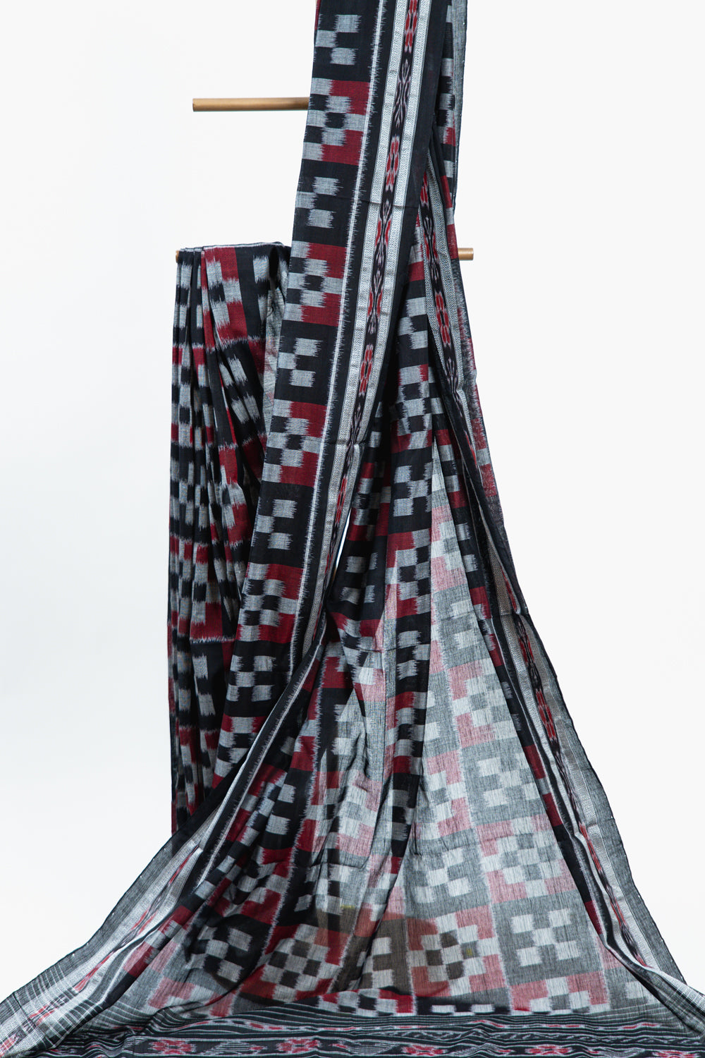 Charcoal Black Sambalpuri Cotton Saree with Fish Ikat Border