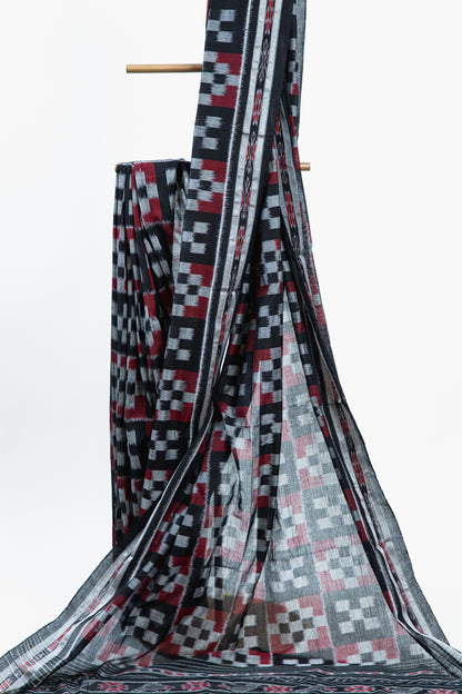 Charcoal Black Sambalpuri Cotton Saree with Fish Ikat Border