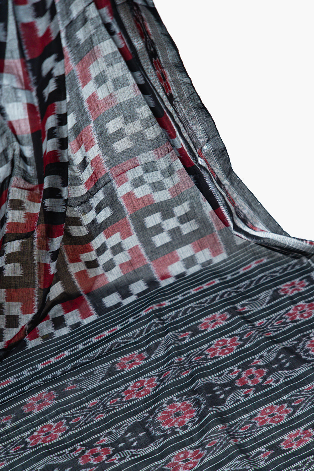 Charcoal Black Sambalpuri Cotton Saree with Fish Ikat Border
