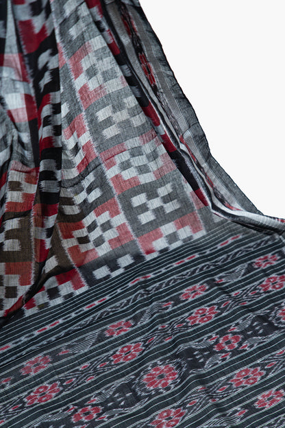 Charcoal Black Sambalpuri Cotton Saree with Fish Ikat Border