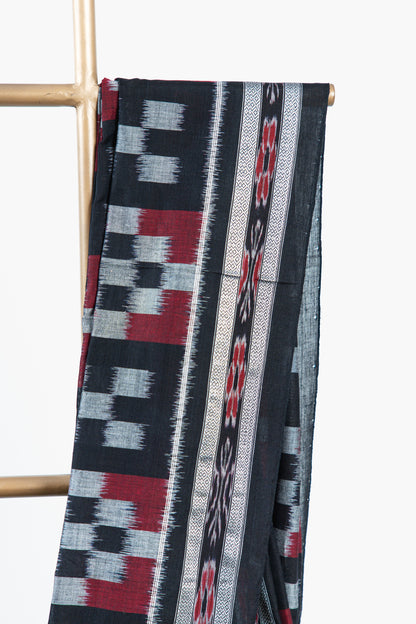Charcoal Black Sambalpuri Cotton Saree with Fish Ikat Border