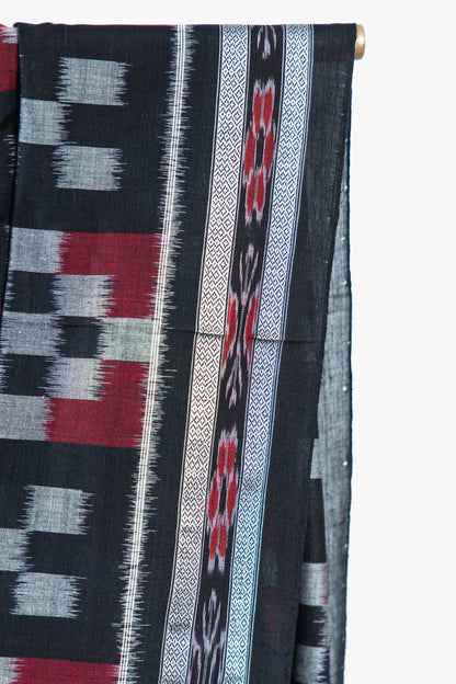 Charcoal Black Sambalpuri Cotton Saree with Fish Ikat Border