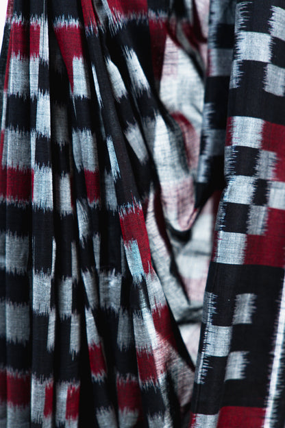 Charcoal Black Sambalpuri Cotton Saree with Fish Ikat Border