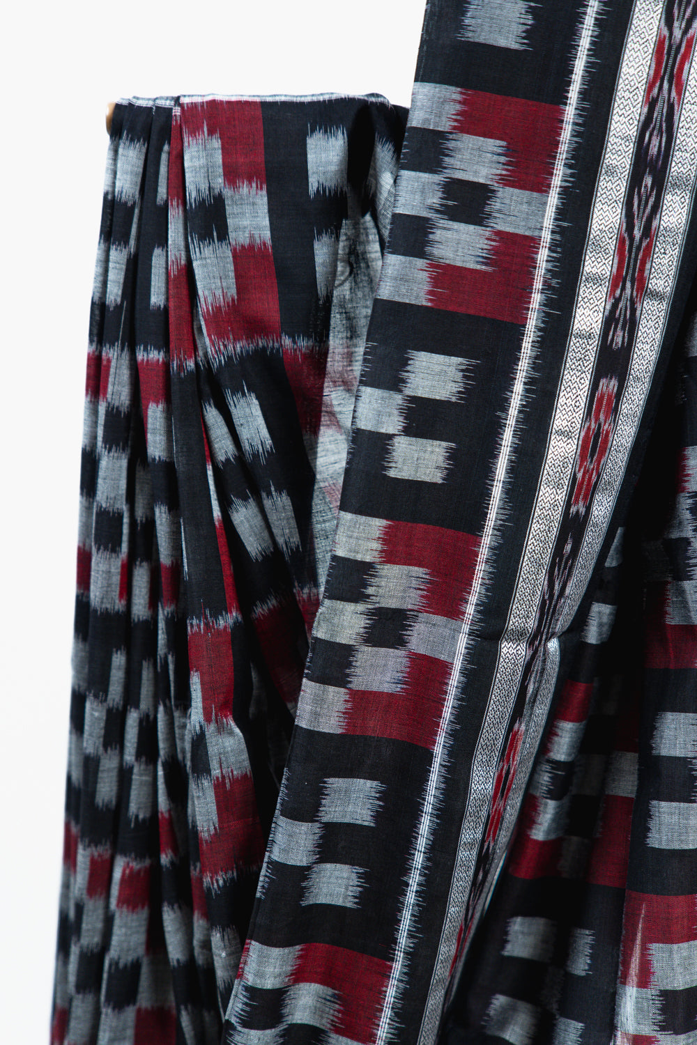 Charcoal Black Sambalpuri Cotton Saree with Fish Ikat Border
