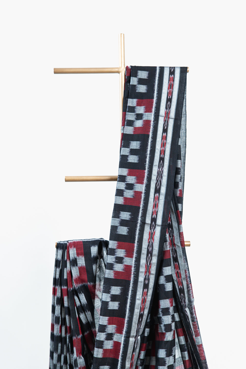 Charcoal Black Sambalpuri Cotton Saree with Fish Ikat Border