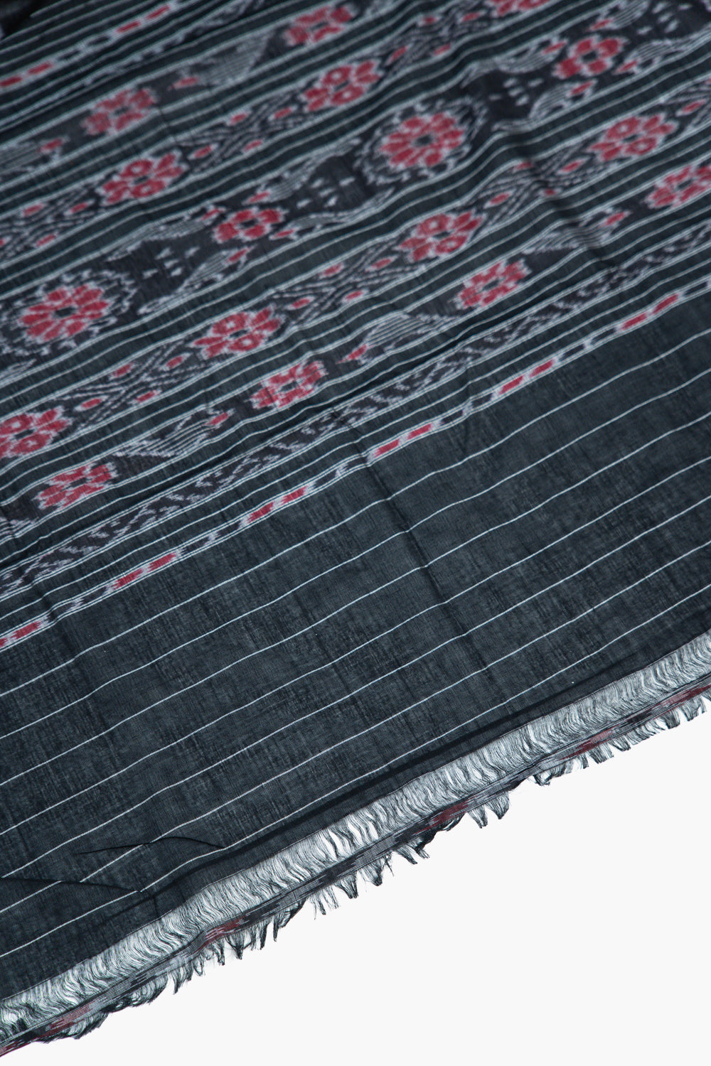Charcoal Black Sambalpuri Cotton Saree with Fish Ikat Border