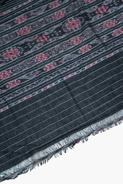 Charcoal Black Sambalpuri Cotton Saree with Fish Ikat Border