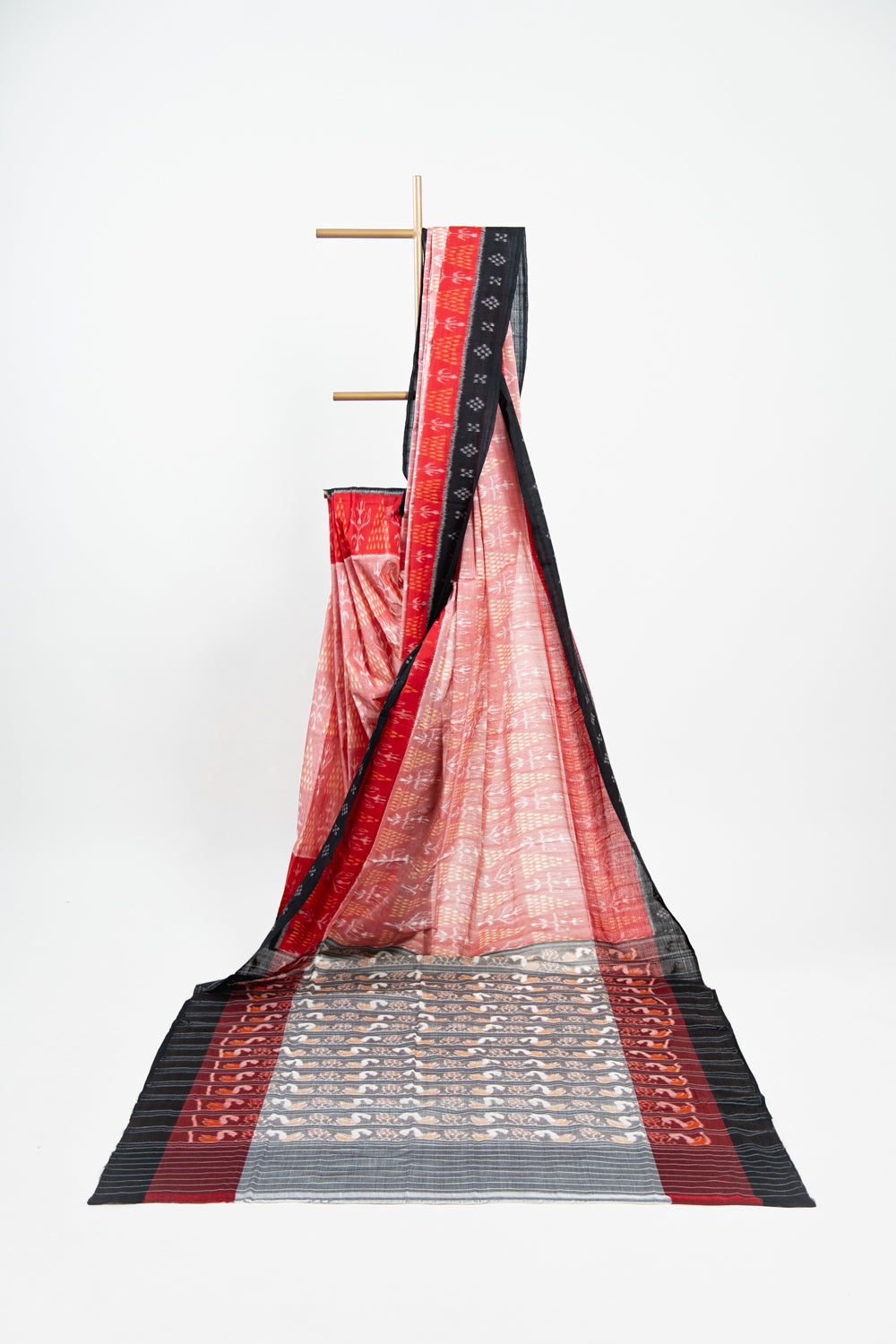 Coral Pink Sambalpuri Cotton Saree with Pine & Floral Ikat