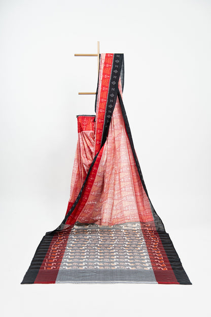 Coral Pink Sambalpuri Cotton Saree with Pine & Floral Ikat