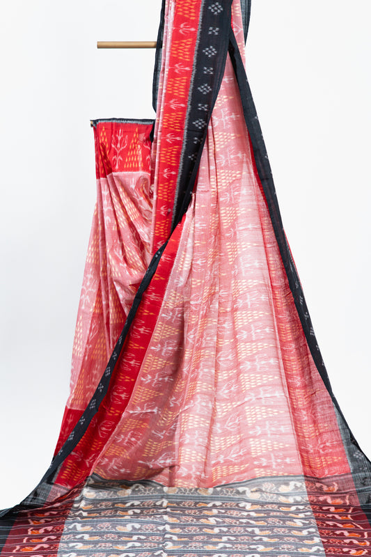 Coral Pink Sambalpuri Cotton Saree with Pine & Floral Ikat