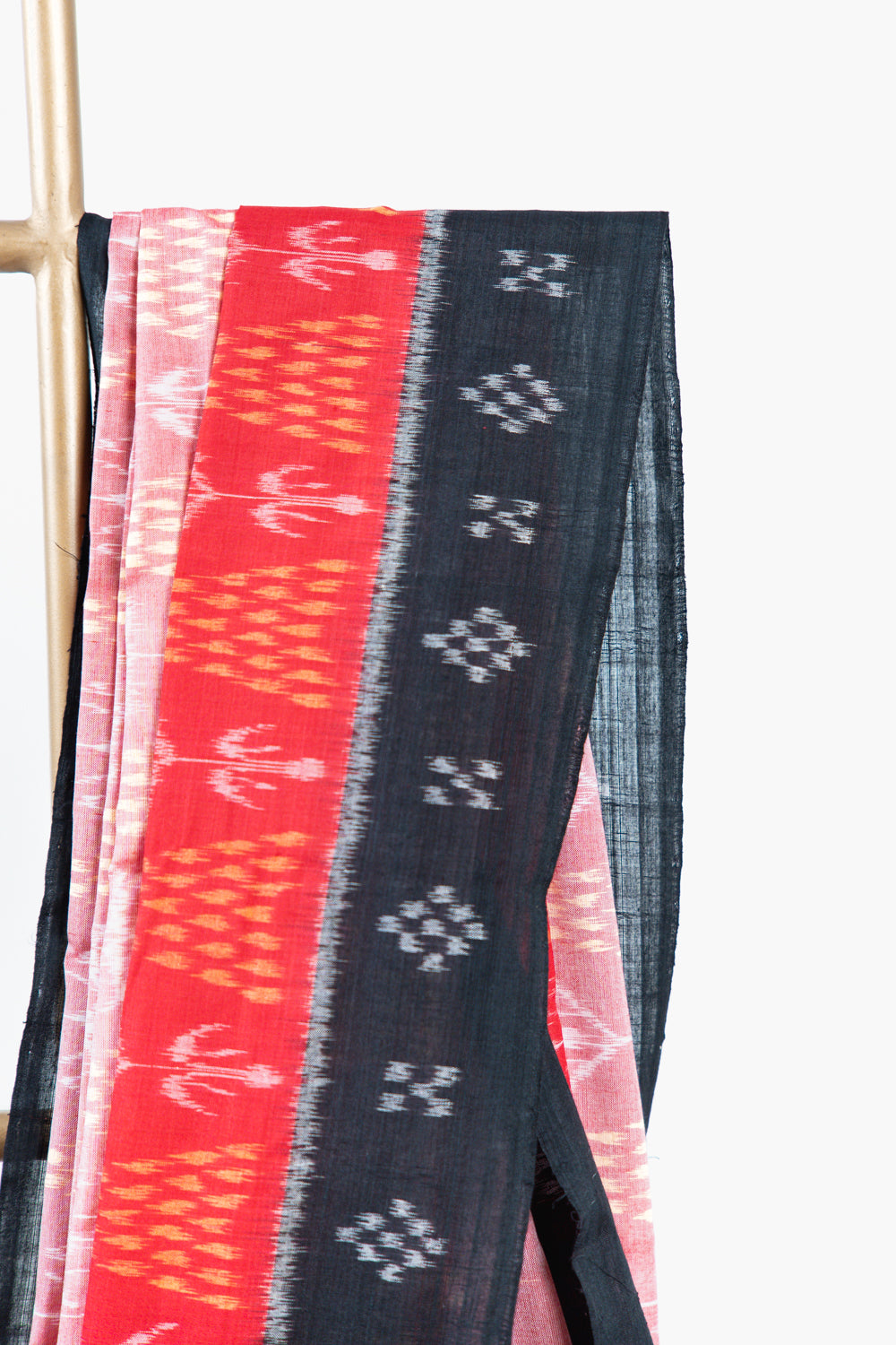 Coral Pink Sambalpuri Cotton Saree with Pine & Floral Ikat