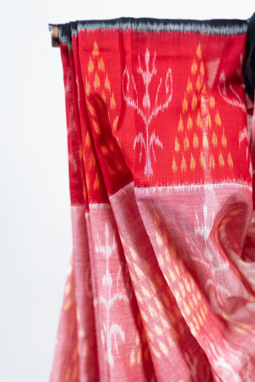 Coral Pink Sambalpuri Cotton Saree with Pine & Floral Ikat