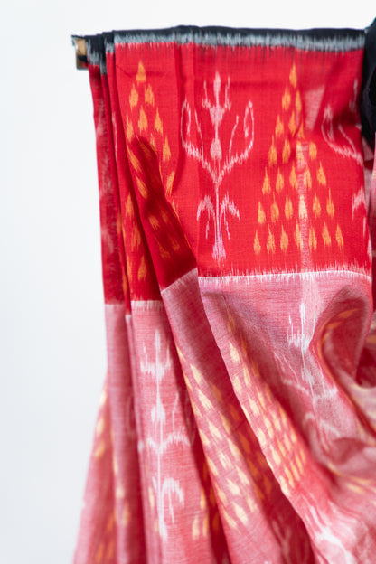 Coral Pink Sambalpuri Cotton Saree with Pine & Floral Ikat