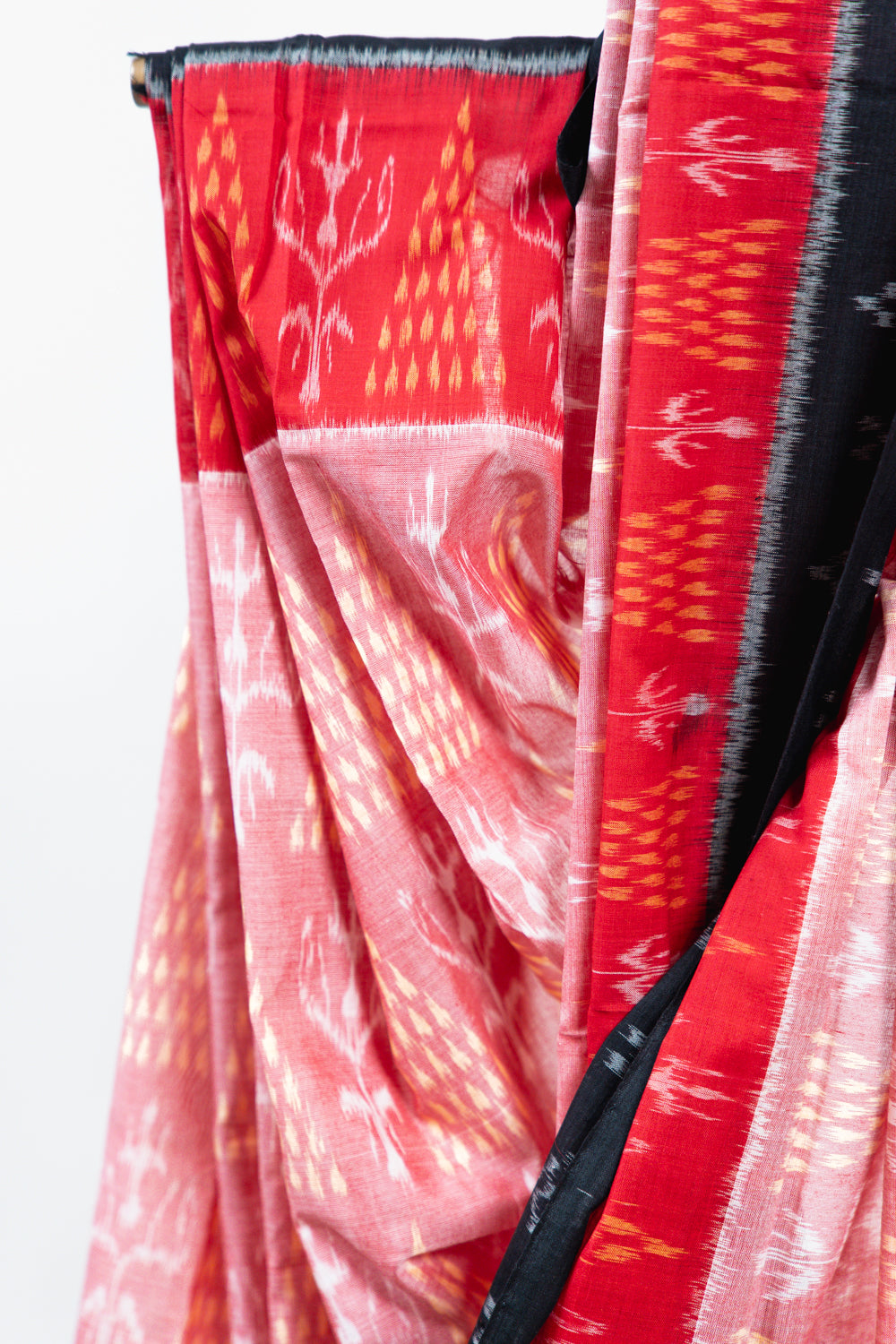 Coral Pink Sambalpuri Cotton Saree with Pine & Floral Ikat