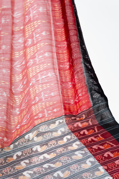 Coral Pink Sambalpuri Cotton Saree with Pine & Floral Ikat
