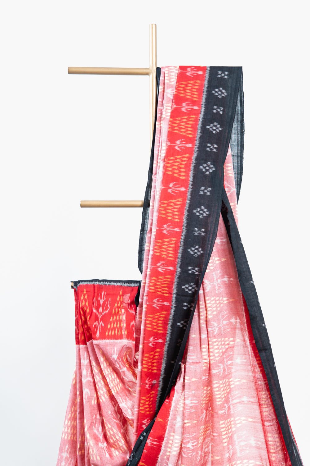 Coral Pink Sambalpuri Cotton Saree with Pine & Floral Ikat