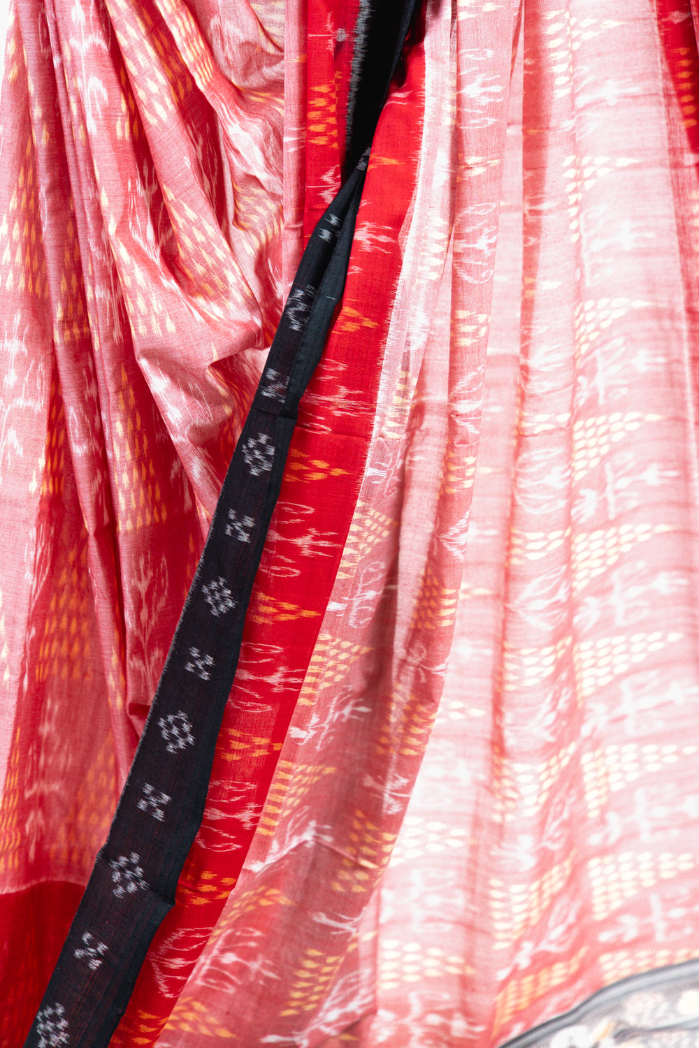 Coral Pink Sambalpuri Cotton Saree with Pine & Floral Ikat