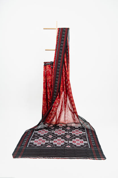 Scarlet Red Sambalpuri Cotton Saree with Chandelier Ikat Motifs