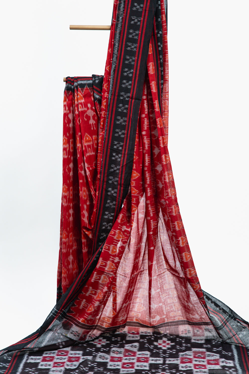 Scarlet Red Sambalpuri Cotton Saree with Chandelier Ikat Motifs