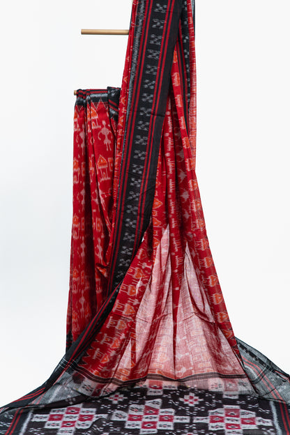 Scarlet Red Sambalpuri Cotton Saree with Chandelier Ikat Motifs
