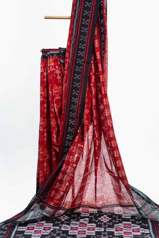 Scarlet Red Sambalpuri Cotton Saree with Chandelier Ikat Motifs