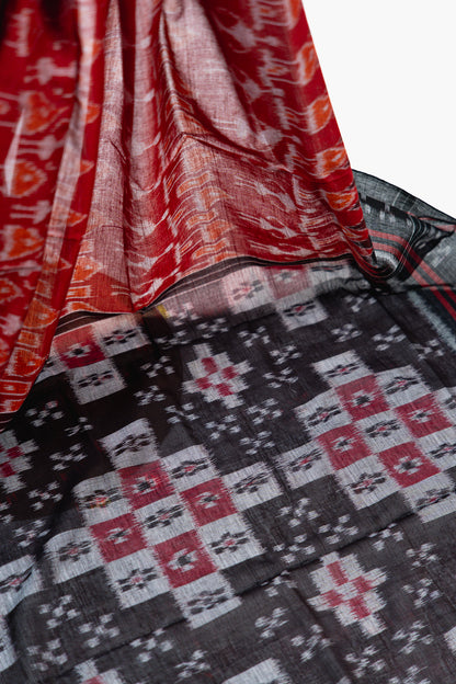 Scarlet Red Sambalpuri Cotton Saree with Chandelier Ikat Motifs