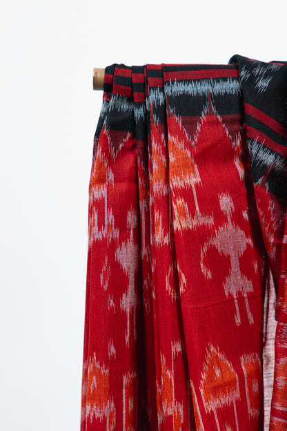 Scarlet Red Sambalpuri Cotton Saree with Chandelier Ikat Motifs