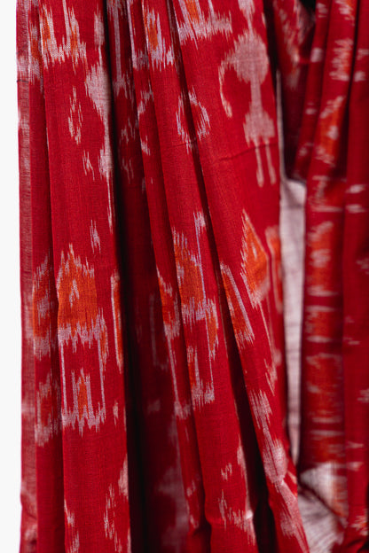Scarlet Red Sambalpuri Cotton Saree with Chandelier Ikat Motifs