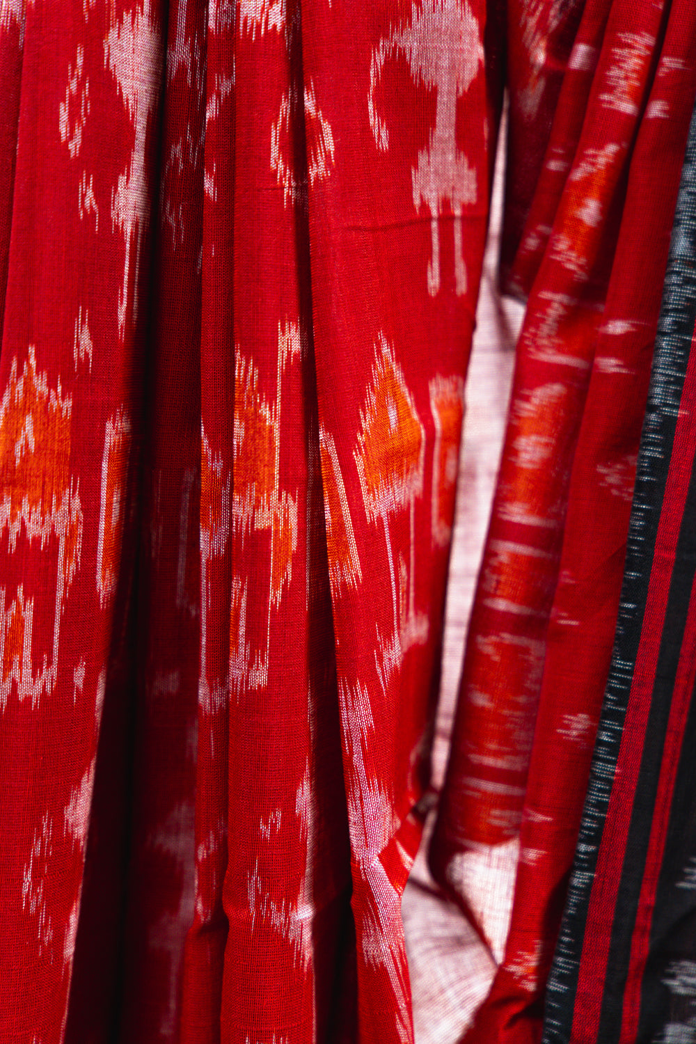 Scarlet Red Sambalpuri Cotton Saree with Chandelier Ikat Motifs
