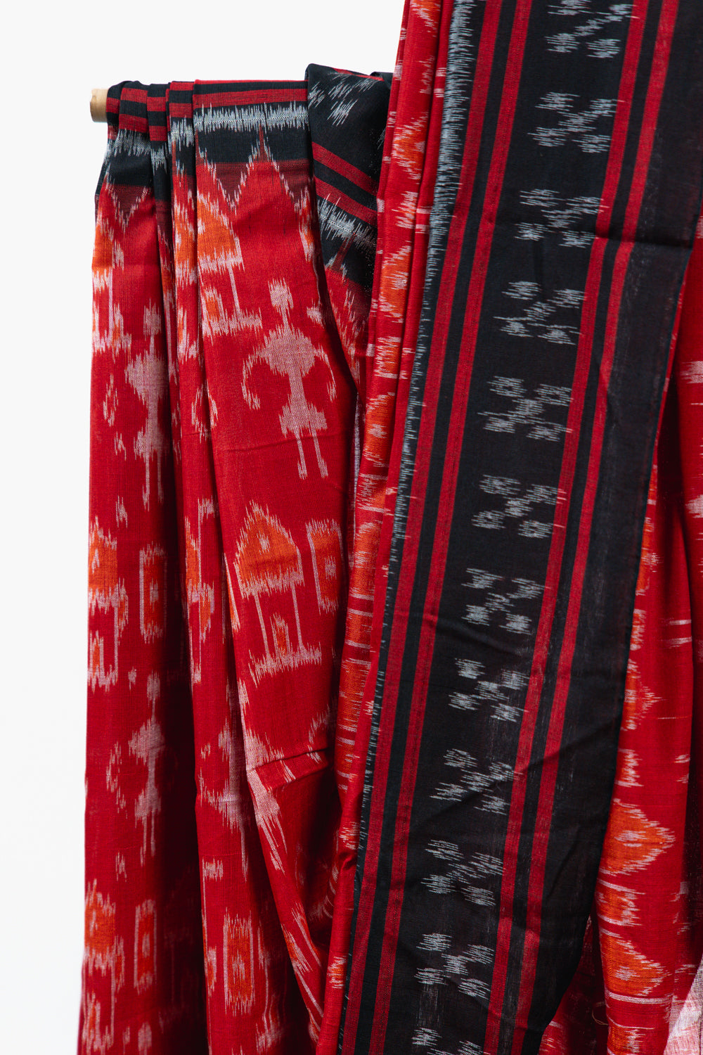Scarlet Red Sambalpuri Cotton Saree with Chandelier Ikat Motifs
