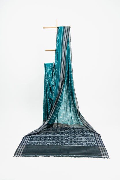 Deep Teal Sambalpuri Cotton Saree with Animal Ikat Motifs