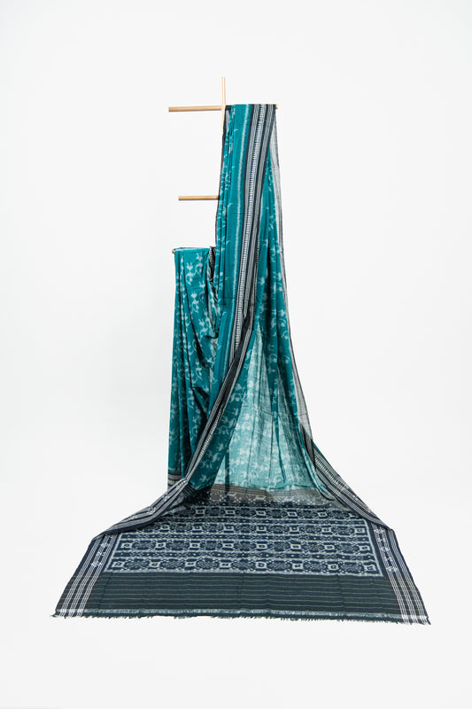 Deep Teal Sambalpuri Cotton Saree with Animal Ikat Motifs