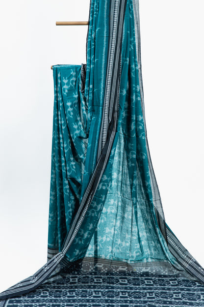 Deep Teal Sambalpuri Cotton Saree with Animal Ikat Motifs
