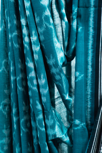 Deep Teal Sambalpuri Cotton Saree with Animal Ikat Motifs