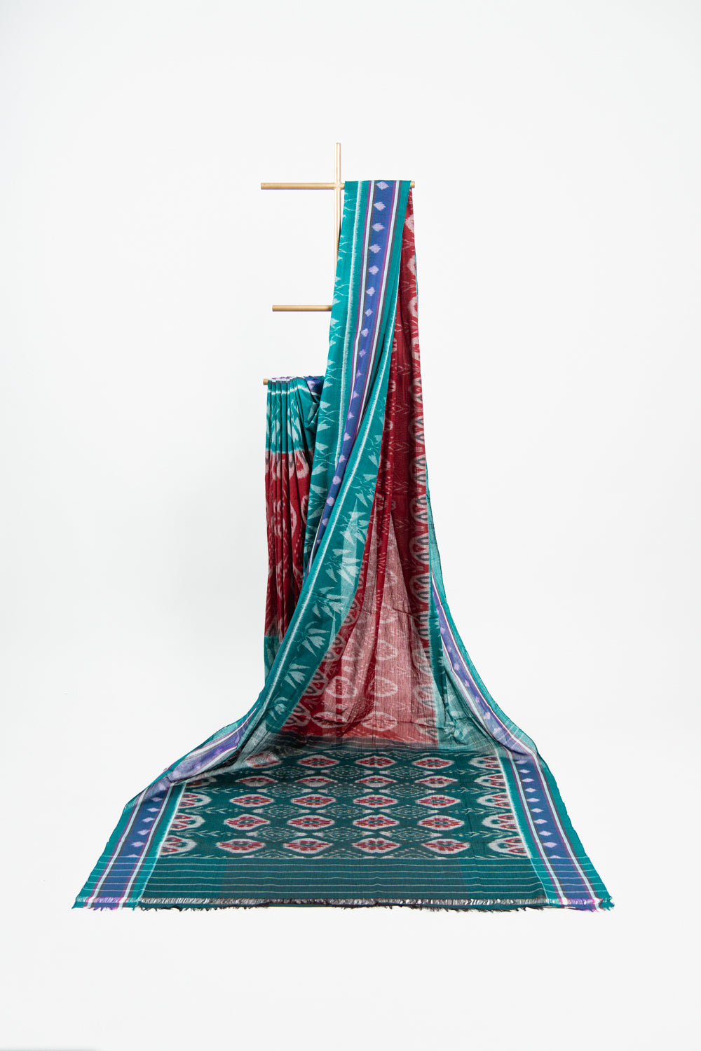 Sea Green Sambalpuri Cotton Saree with Floral Pillar Ikat